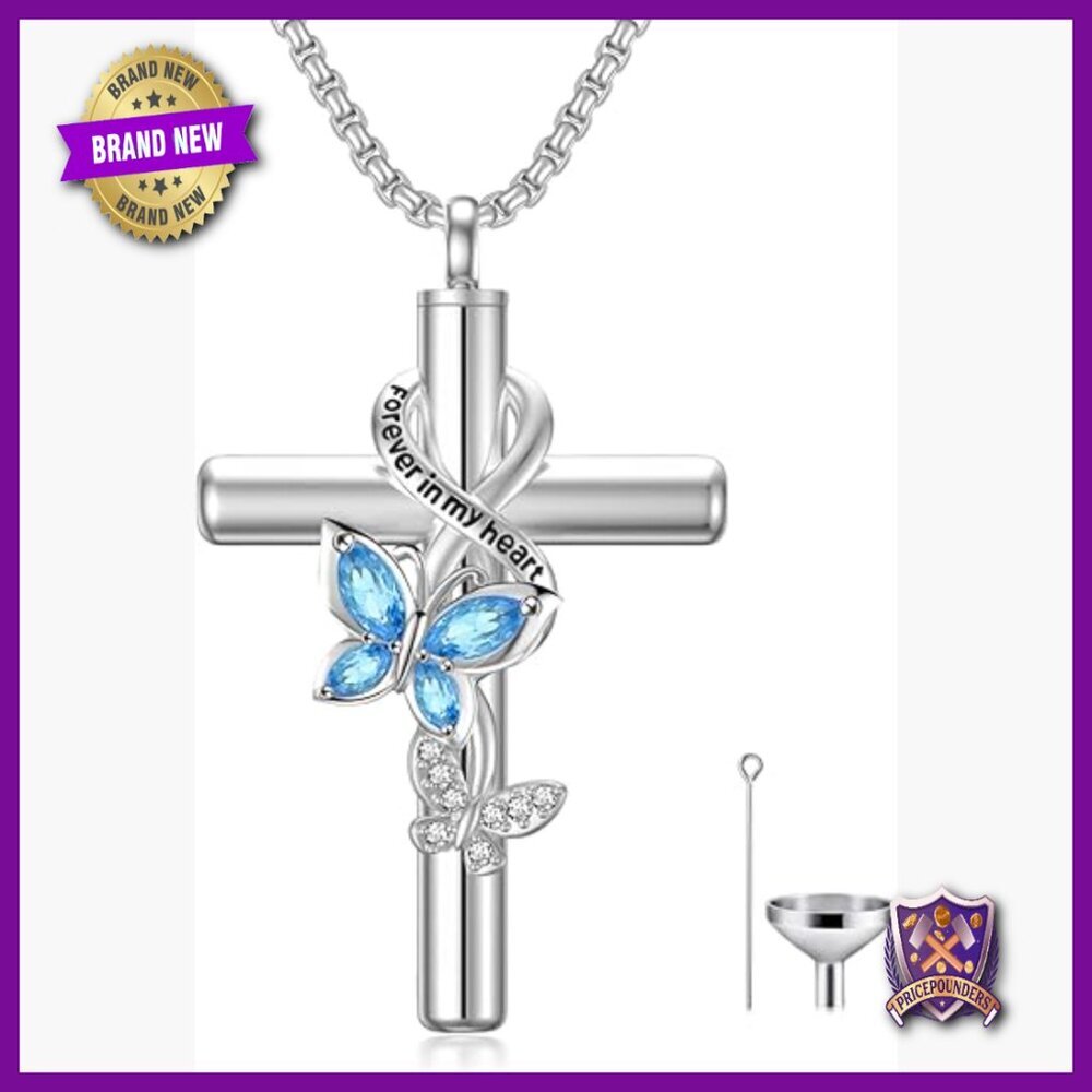 Sterling Silver Butterfly Cross Urn Pendant Necklace Memorial Keepsake